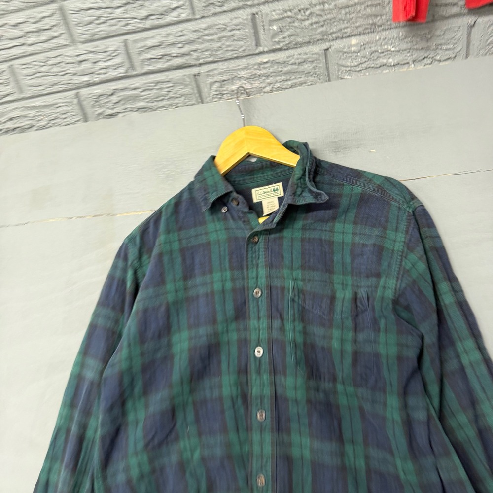 LL Bean Mens‎ Flannel Shirt Medium Regular Black Watch Plaid Green Blue Cotton